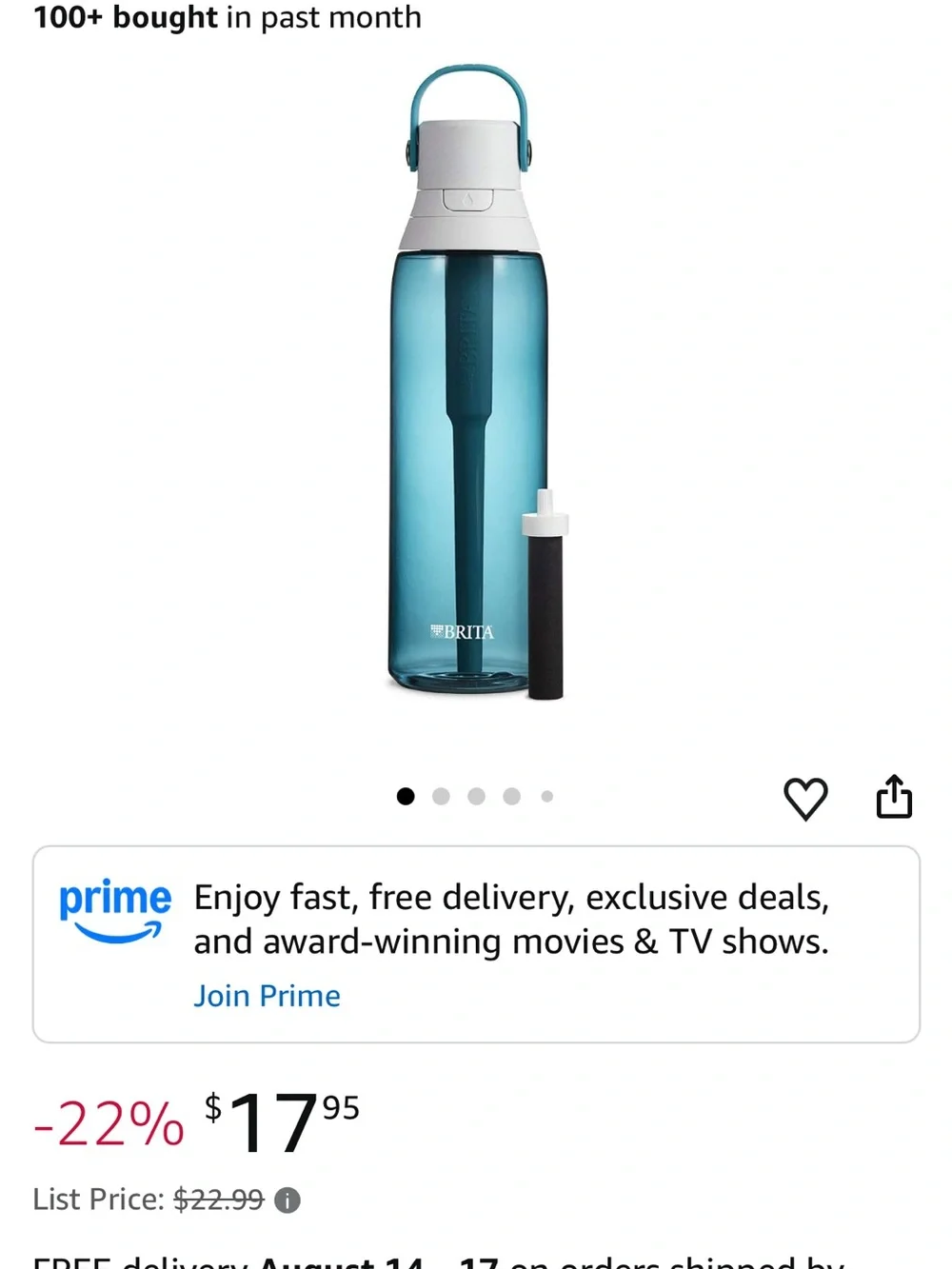 Brita Teal and White Refillable Water Bottle with Handle and 2 new filters